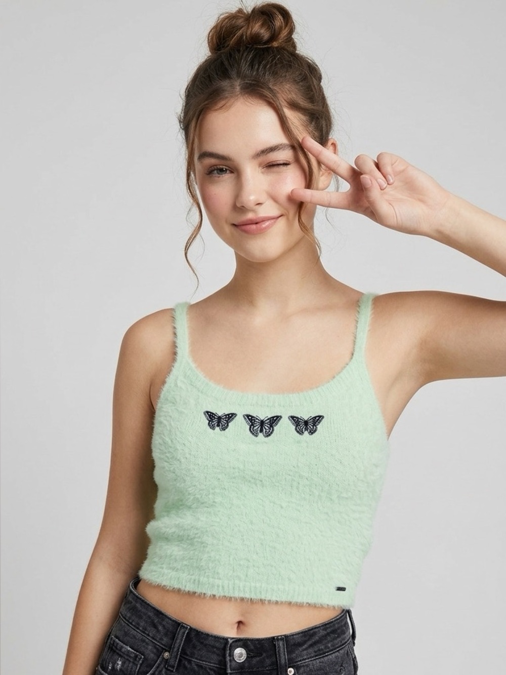 Hollister Fuzzy Crop Tank M Mint Green Butterfly Embroidered Y2K Fairycore Soft